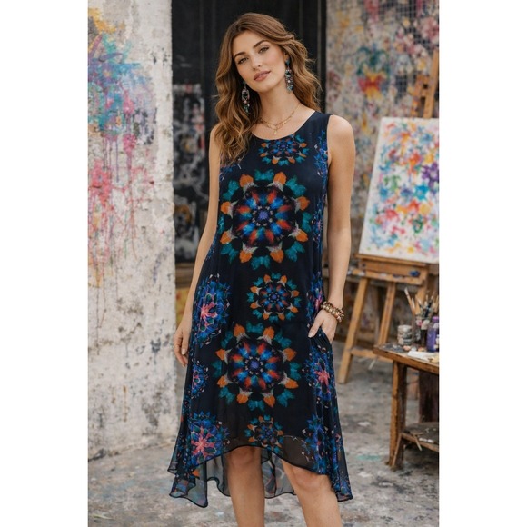 Desigual Dresses & Skirts - Desigual Navy Asymmetric Chiffon Dress 42 Artsy Boho Geometric Floral Watercolor
